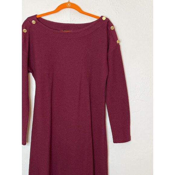 Talbots Knit Bateau Neck Dress Waffle Knit Long‎ Sleeve Red Burgundy Cotton M - Picture 2 of 8